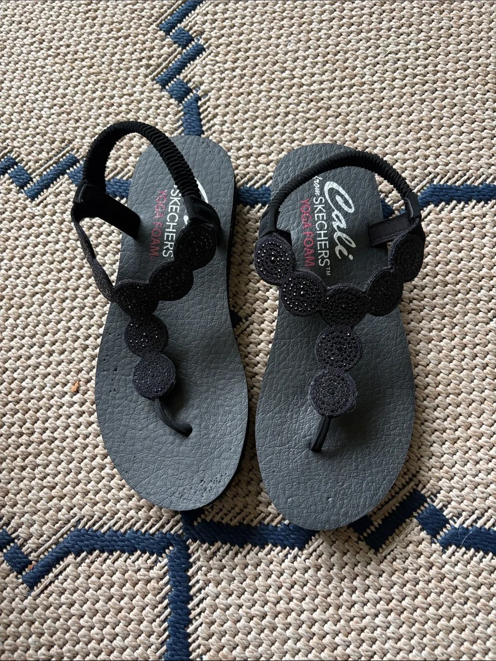 Skechers Girls Black Beaded T-Strap Sandals with Back Strap